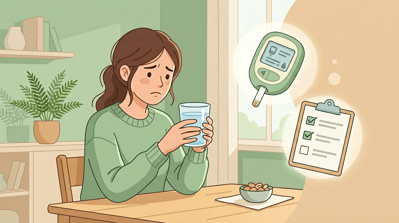 입이 마르고 갈증을 느끼는 사람 일러스트, 물컵과 체크리스트 아이콘