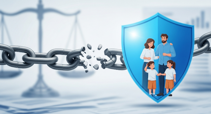 빚 대물림으로 고통받던 가족이 파란색 보호막 아래에서 안도하는 모습, 끊어지는 빚의 사슬과 법률 문서가 희망적인 법적 해결을 상징함.