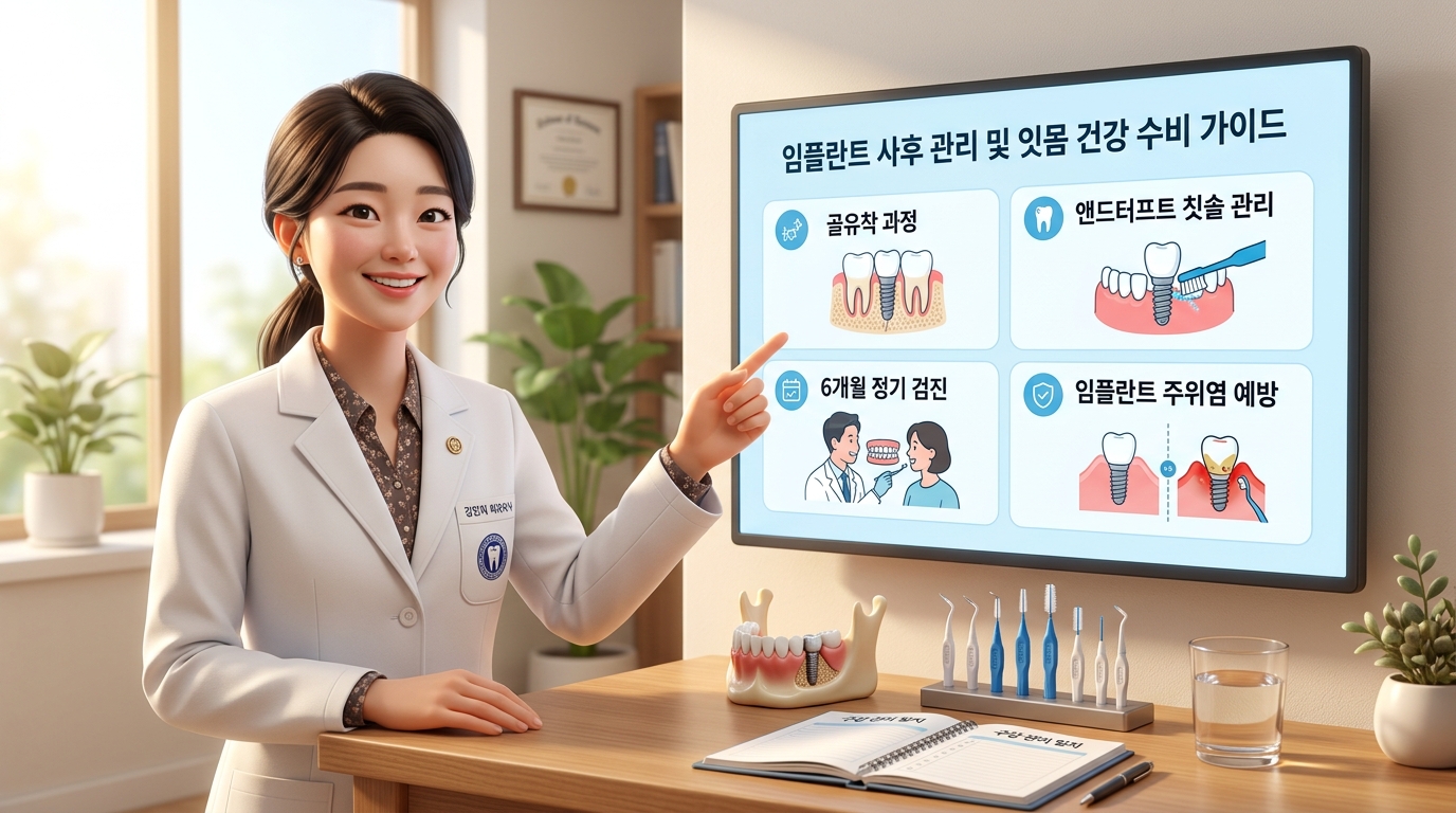 청정하고 세련된 분위기의 대학병원 치과 보철과 진료실에서 보건 의학 전문가 선생님이 대형 인포그래픽 모니터를 가리키며 신경 조직이 없는 인공 치아 주변의 세균 증식 및 임플란트 주위염 치조골 흡수 생리학적 메커니즘을 조목조목 설명하고, 임플란트 사후 관리 수칙과 임플란트 수명을 20년 이상 유지하는 잇몸 건강 관리 수칙에 대한 정답으로 전용 첨단 칫솔 활용, 6개월 주기 교합 조정 및 철저한 삼차원 완충 위생 행동 수칙을 환자에게 다정하게 안내해 주는 현대적이고 깔끔한 3D 렌더링 이미지.