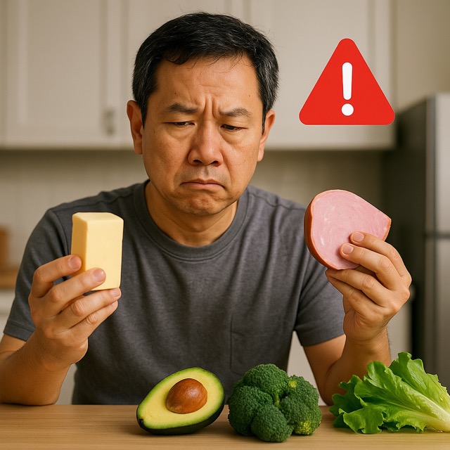 한 손에 버터와 햄을 들고 고민하는 동양인 중년 남성(출처: 자체제작)