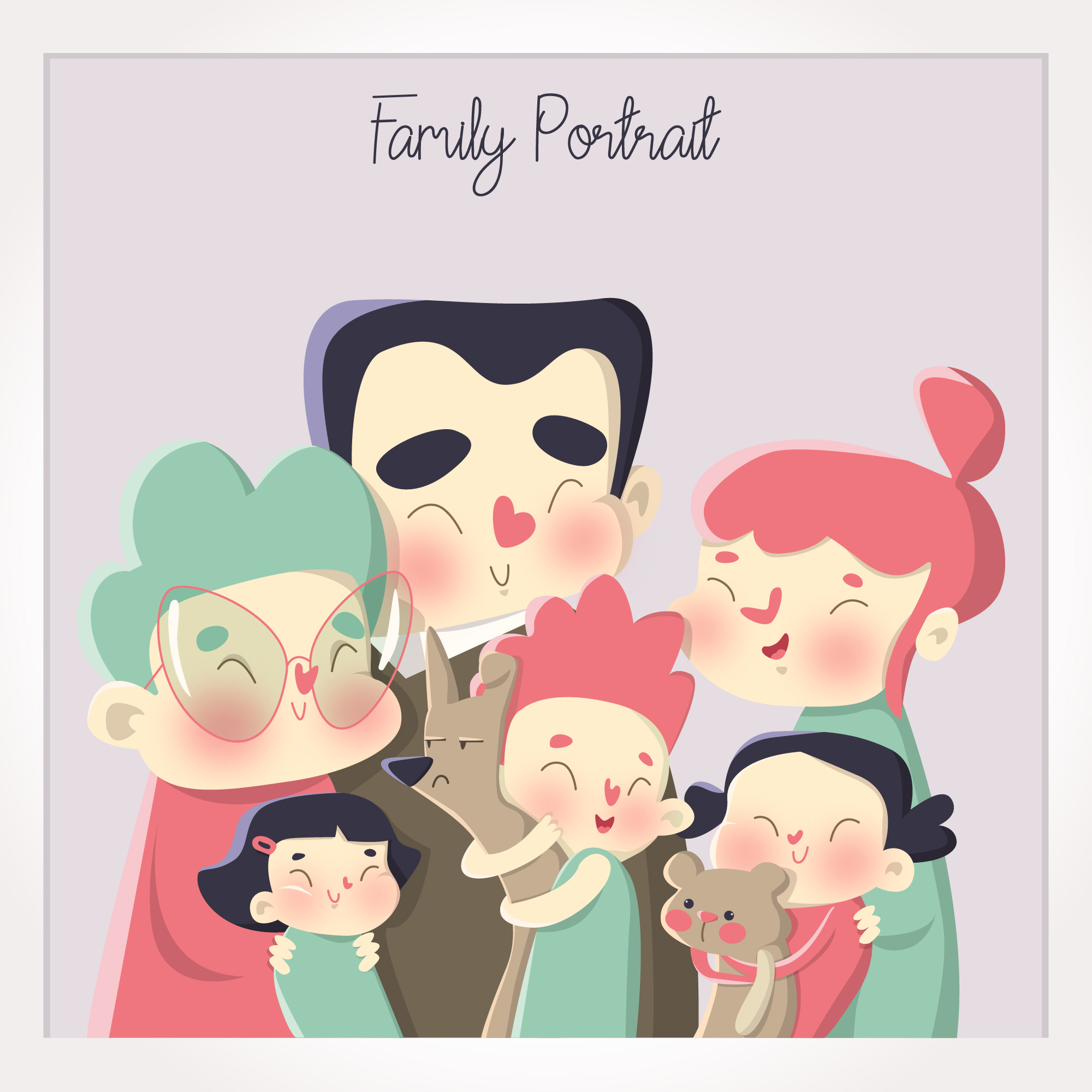 다자녀 가족이 함께있는 모습 일러스트