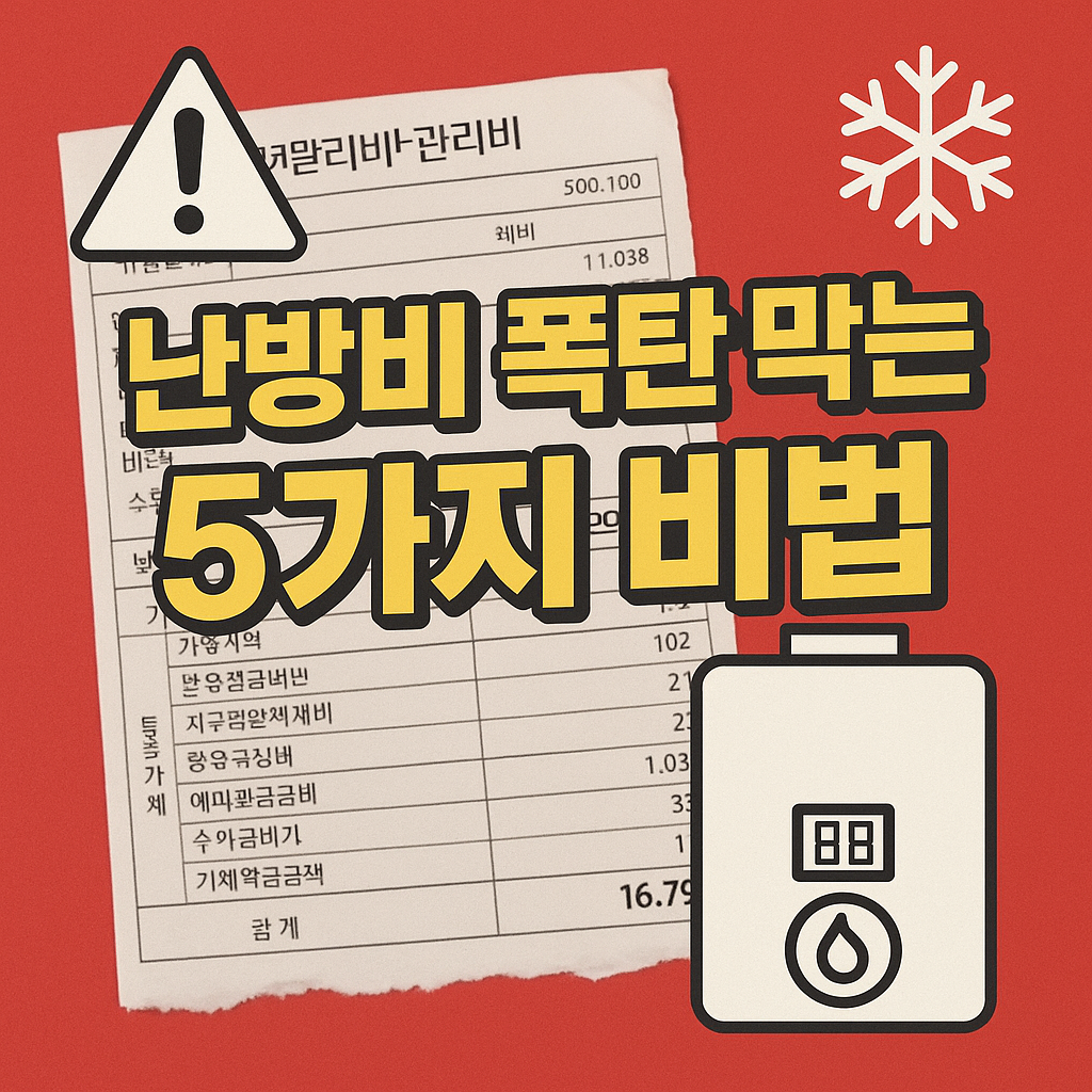 아파트 관리비 고지서를 배경으로 한 붉은 경고 스타일 썸네일. 가운데 &lsquo;난방비 폭탄 막는 5가지 비법&rsquo; 문구가 강조되어 있으며, 좌측 상단 경고 아이콘과 우측 하단 보일러 아이콘이 포함된 겨울철 난방비 절감 안내 이미지.