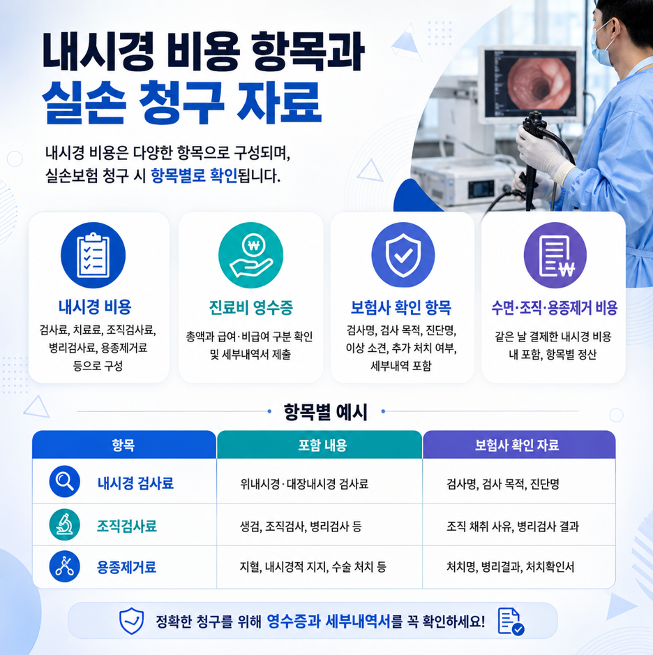 정사각형 인포그래픽으로 내시경 비용 항목과 실손 청구 자료를 요약하고 검사료, 영수증, 보험사 확인 항목을 표와 아이콘으로 정리한 이미지