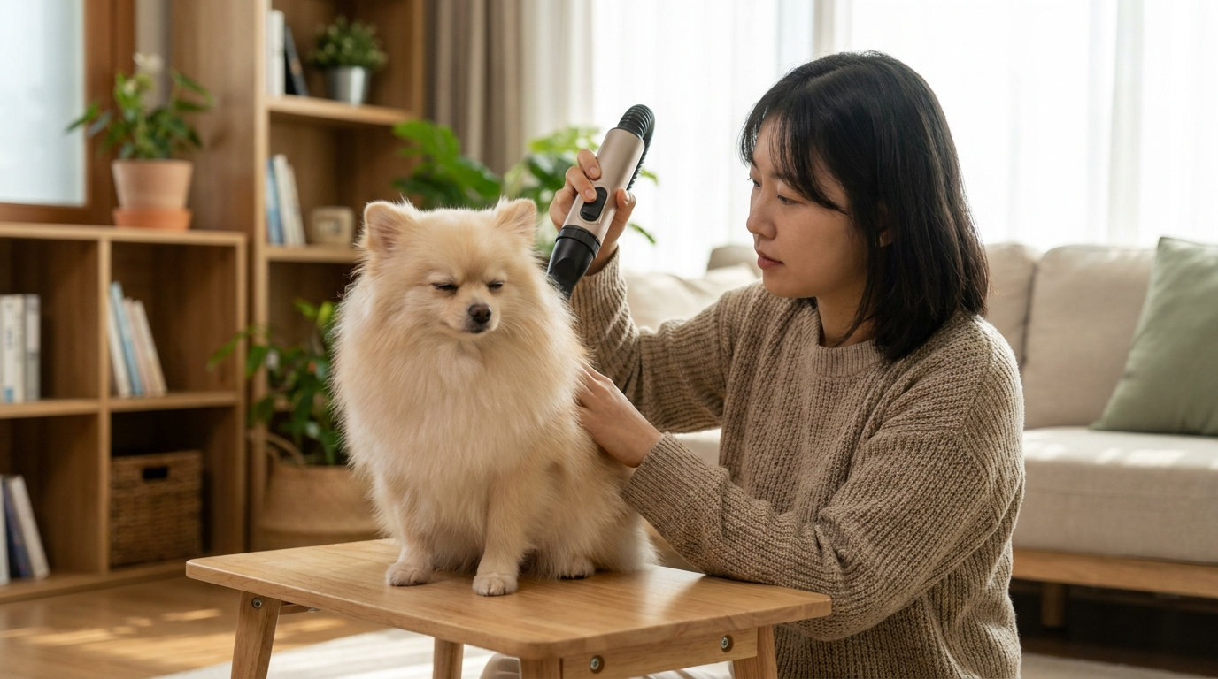 포메라니안 드라이기 건조 중