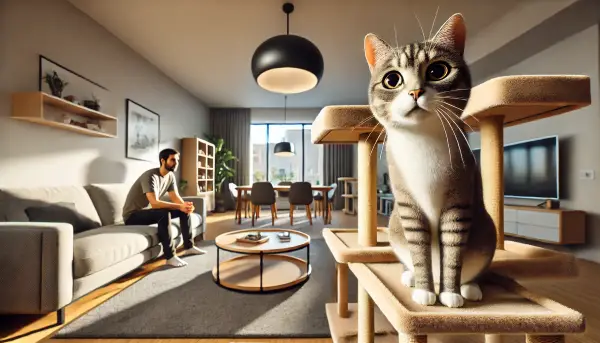 거실 캣타워 꼭대기에서 집사를 바라보는 고양이