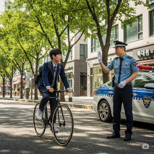 픽시 자전거 사망 사고로 인해 경찰의 단속이 강화되어서 단속하는 이미지