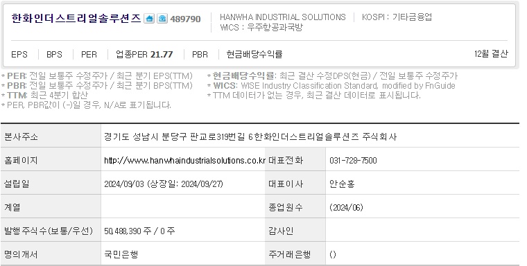 한화인더스트리얼솔루션즈 주가 기업개요.jpg