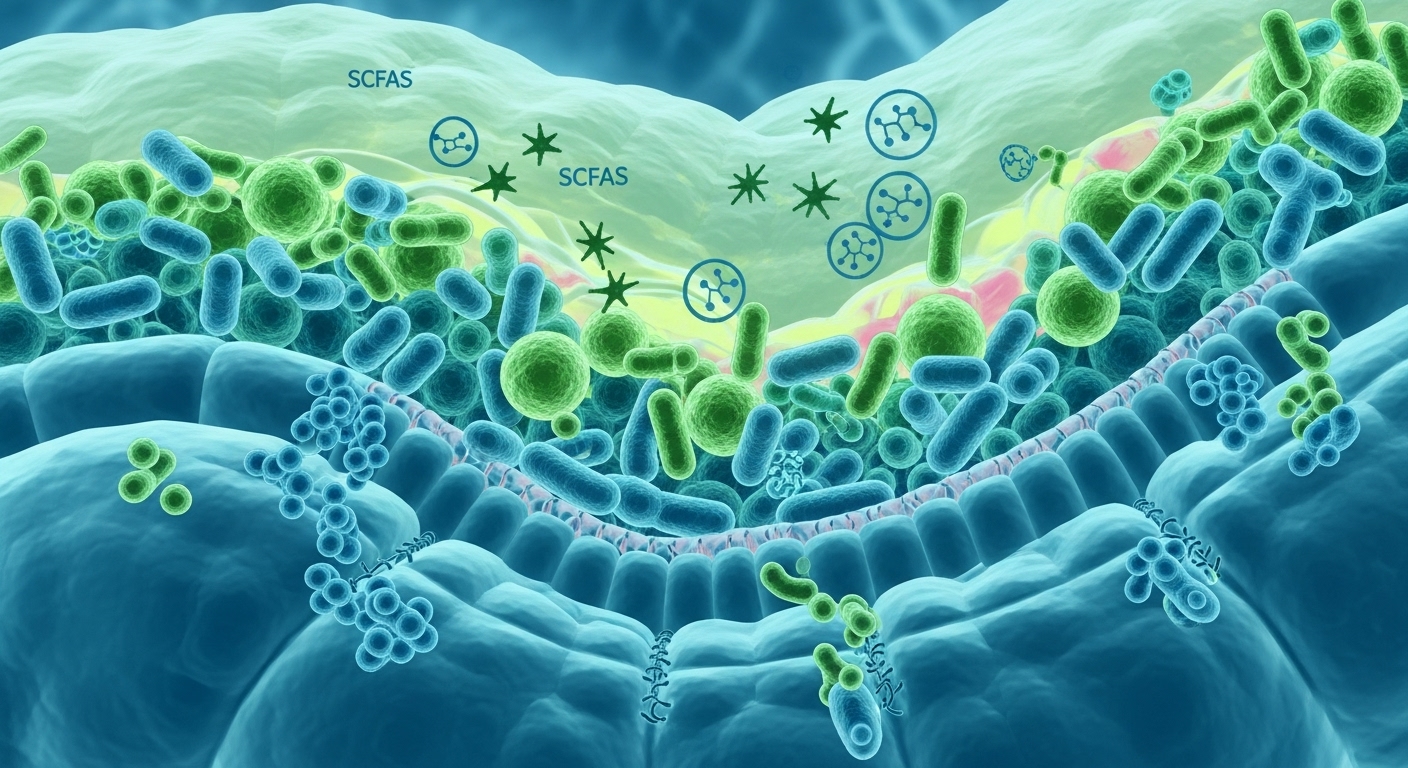 다양한 유익균이 장벽을 보호하고 영양분을 생성하는 건강한 장 환경 일러스트