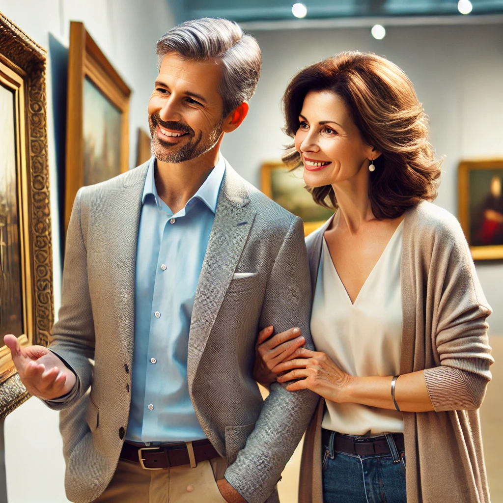 중년 부부가 미술관에서 문화 생활 하고 있는 모습