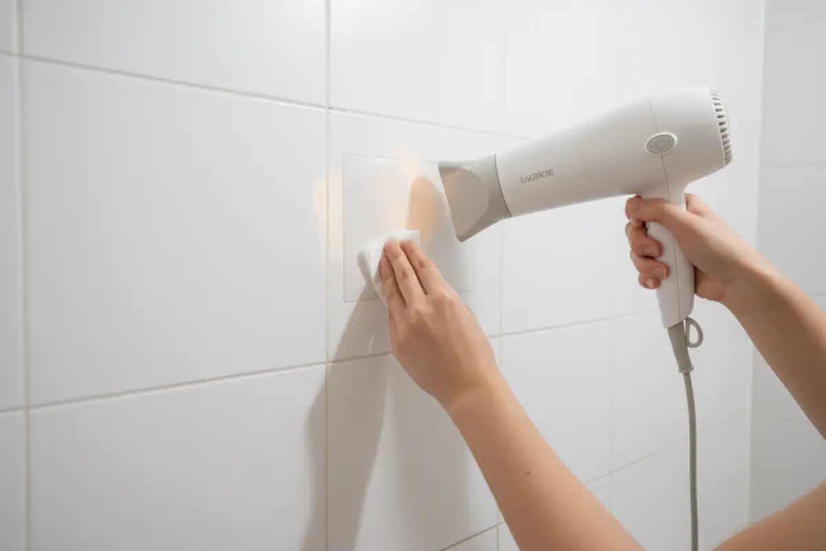 무타공 선반 설치 꿀팁, 드라이기로 벽면을 건조하는 세심한 준비 과정