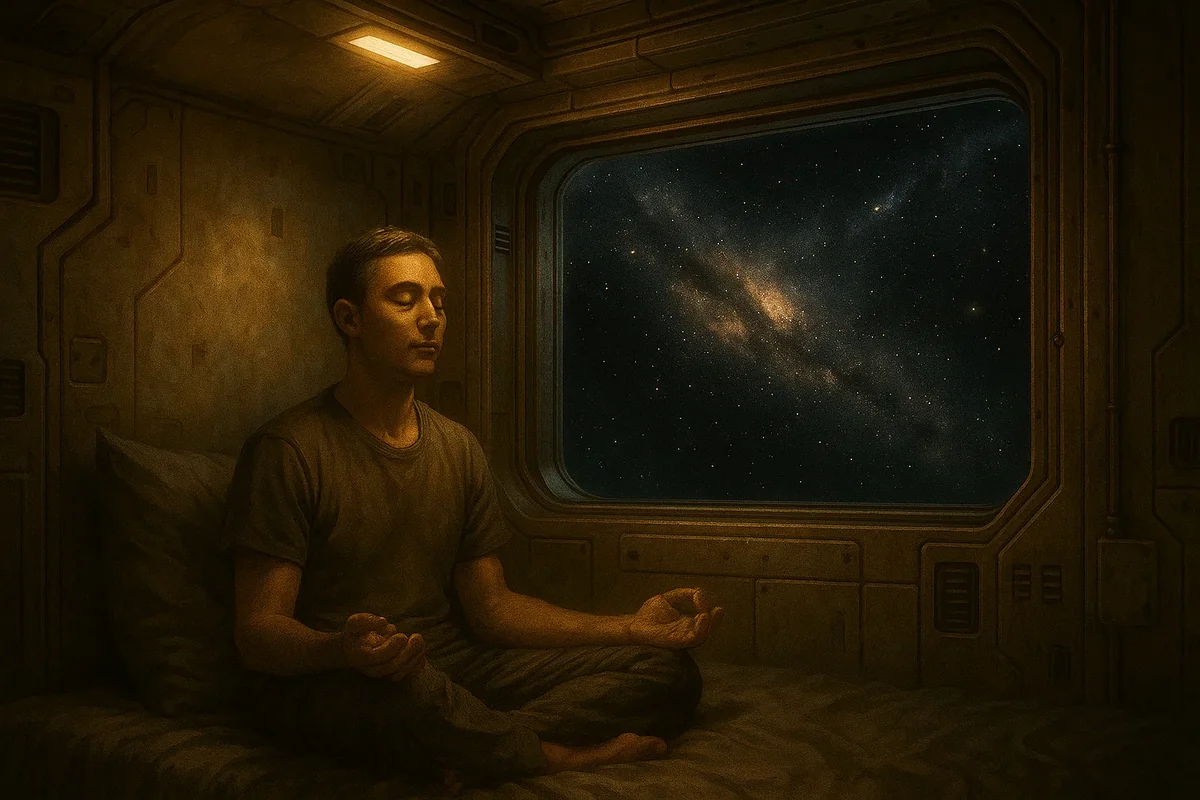 우주를 배경으로 명상하는 남성의 평온한 모습