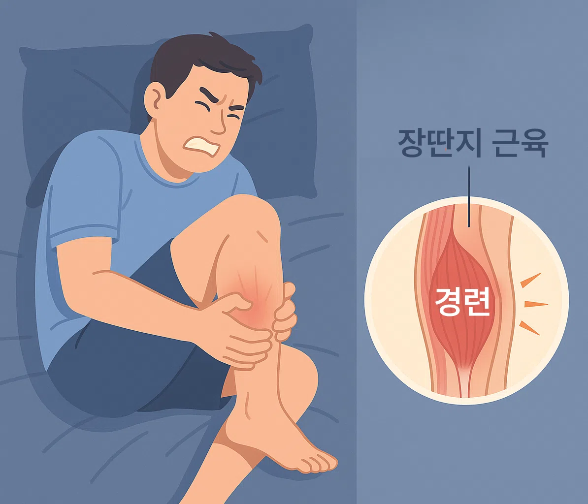 잠자는 중 종아리 근육이 갑자기 수축되어 고통스러워하는 사람, 종아리 근육 단면 확대와 경련 상태를 보여주는 의학 일러스트