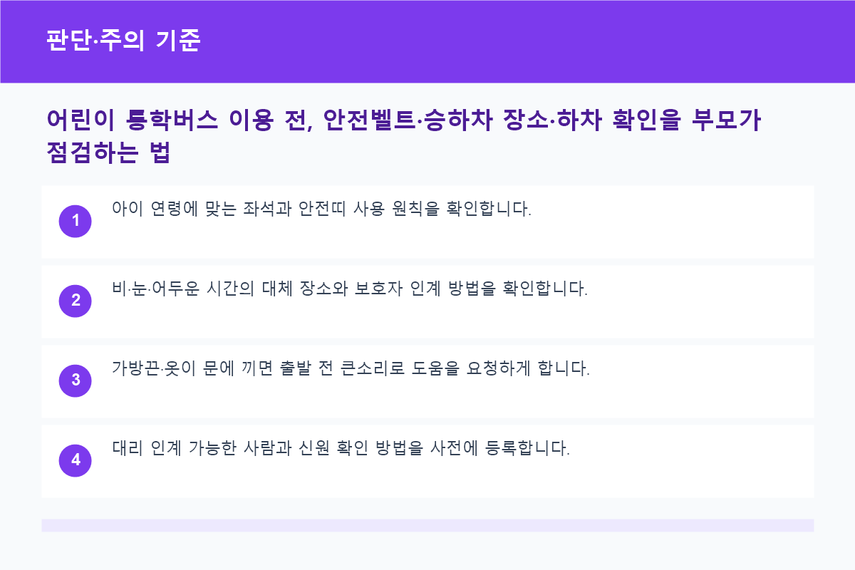 어린이 통학버스 이용 전, 안전벨트·승하차 장소·하차 확인을 부모가 점검하는 법 판단·주의 기준 정보 이미지
