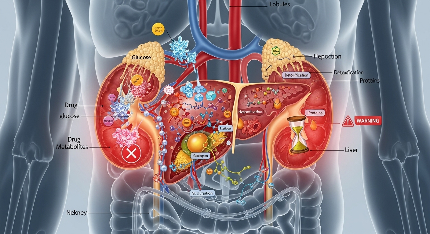 신장과 간에 부담을 줄 수 있는 콘드로이친 대사 과정을 나타내는 인체 장기 일러스트레이션.