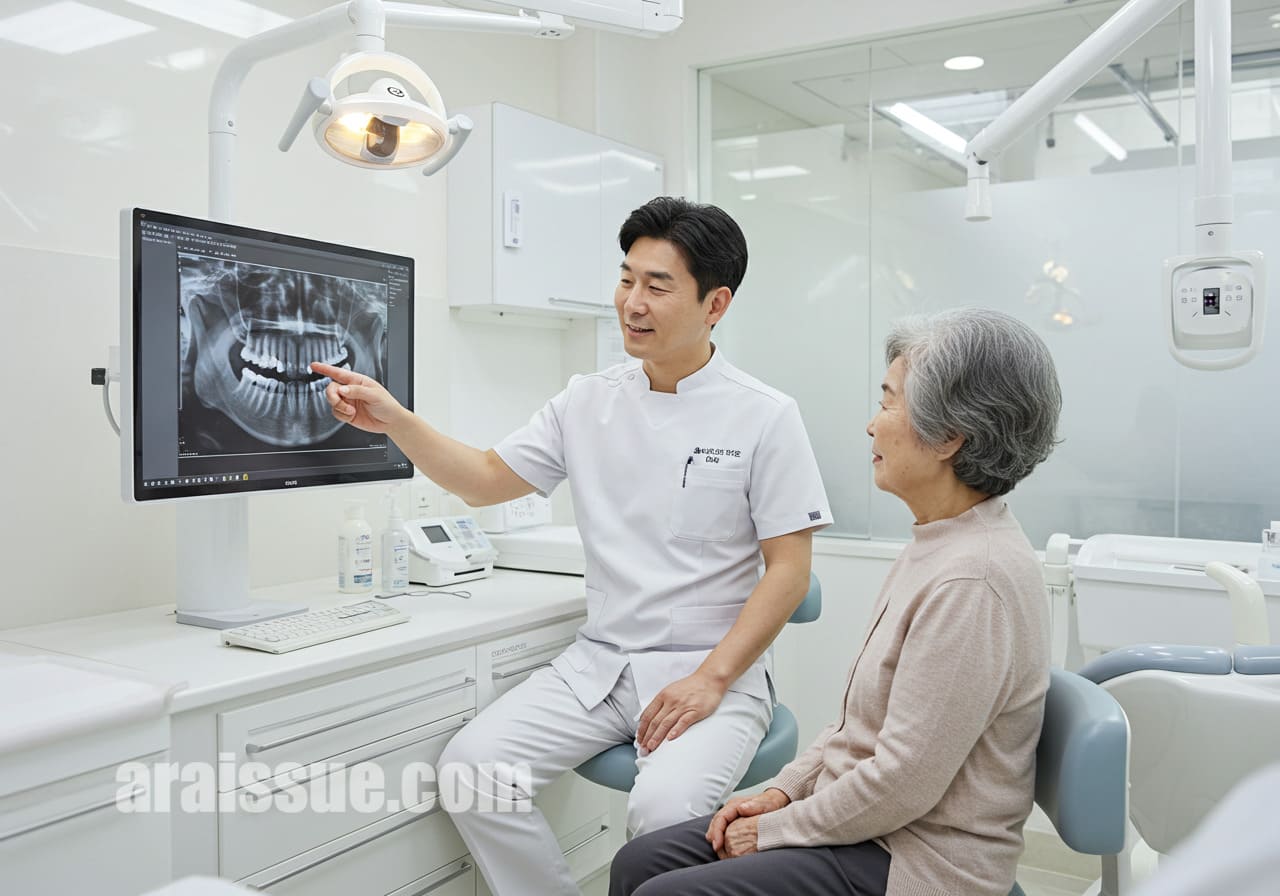 치과에서 정기검진을 받는 노년 여성의 모습