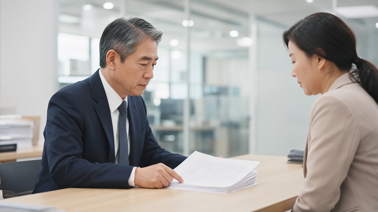 세무 상담 창구에서 서류를 보며 상담받는 50대 한국인 남성 사업자