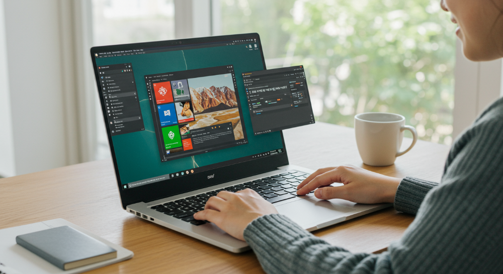 7인치 대화면 노트북으로 여러 작업을 동시에 처리하며 효율적으로 일하는 사용자. 노트북 화면에는 다양한 창이 열려 있고, 사용자는 편안한 표정으로 생산성을 높이고 있습니다.