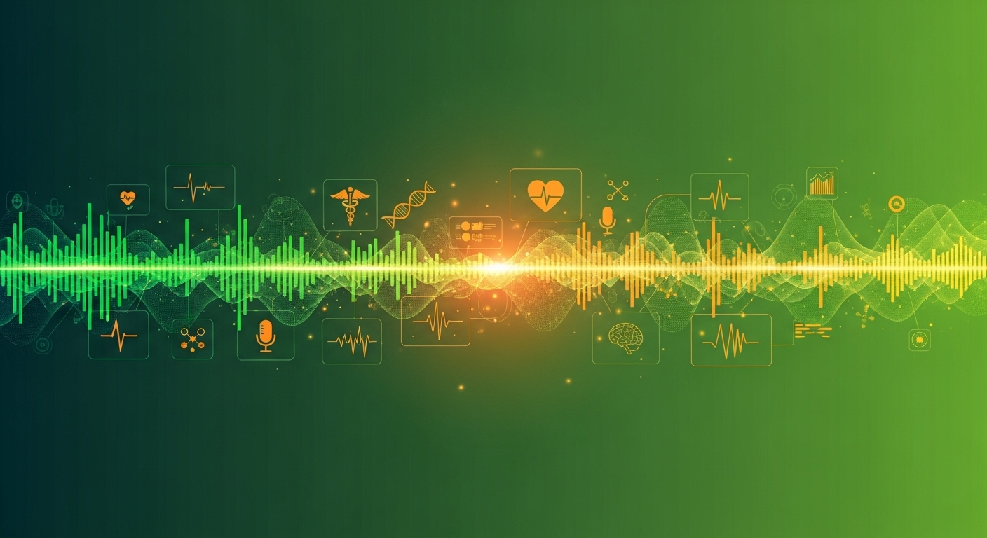 AI 음성 인식 및 헬스케어 기술을 나타내는 추상적인 이미지. 소리 파동과 건강 데이터가 디지털 형태로 시각화되어 있습니다.