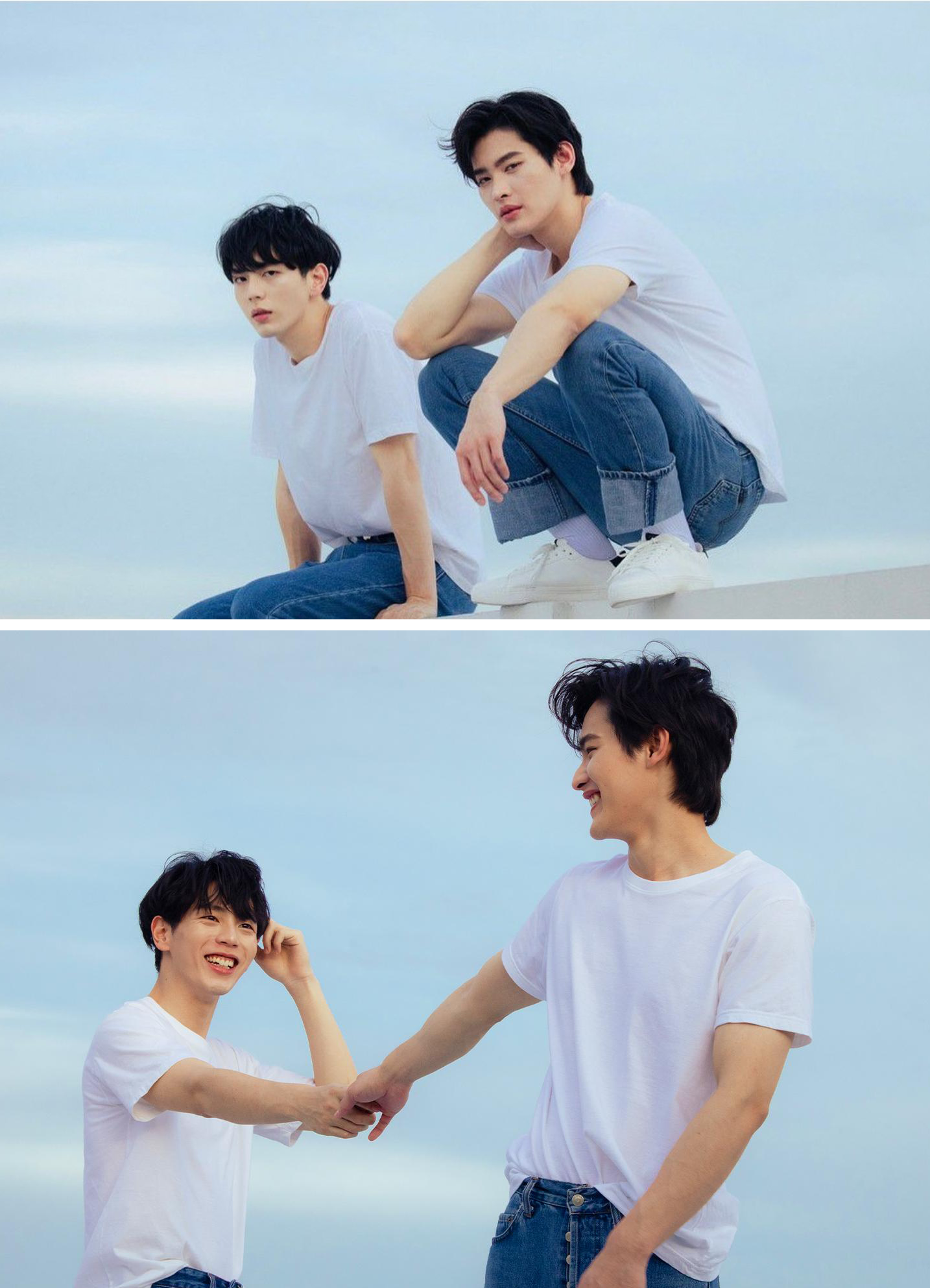 흰티에 청바지를 입고 있는 업과 까오,. 러블리라이터 이미지 BL 드라마 추천