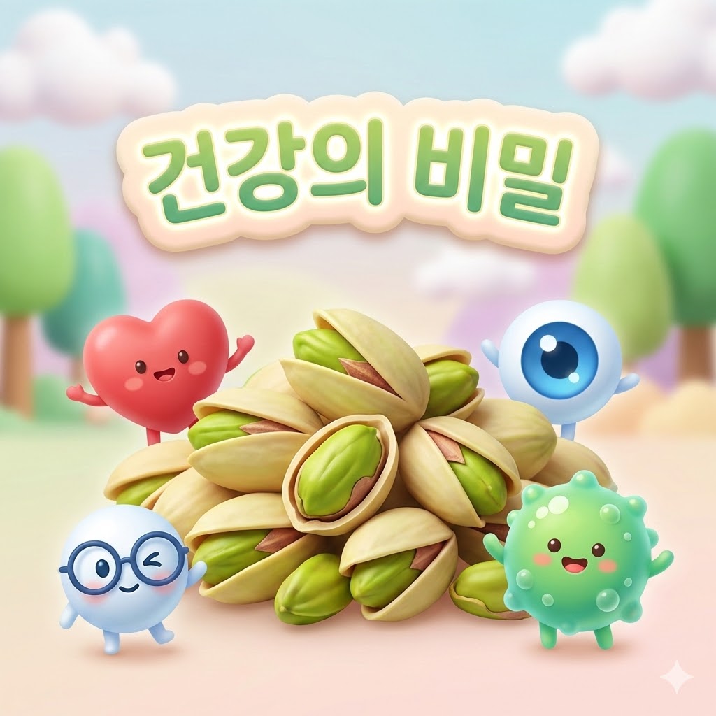 건강 효능을 상징하는 귀여운 캐릭터들(심장, 눈, 장)과 함께 놓인 신선한 피스타치오. '건강의 비밀'이라는 한글 문구가 적혀있습니다.
