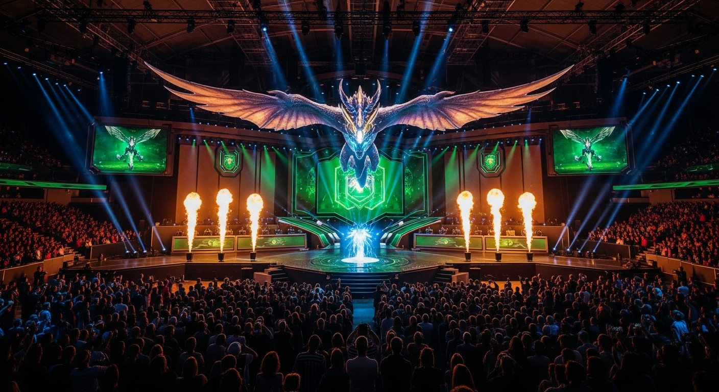 롤드컵 개막식에서 증강현실 기술로 구현된 거대한 용이 경기장 상공을 비행하며 화려한 불꽃놀이와 레이저 쇼가 펼쳐지는 모습, 관객들이 놀라워하며 지켜보고 있다.