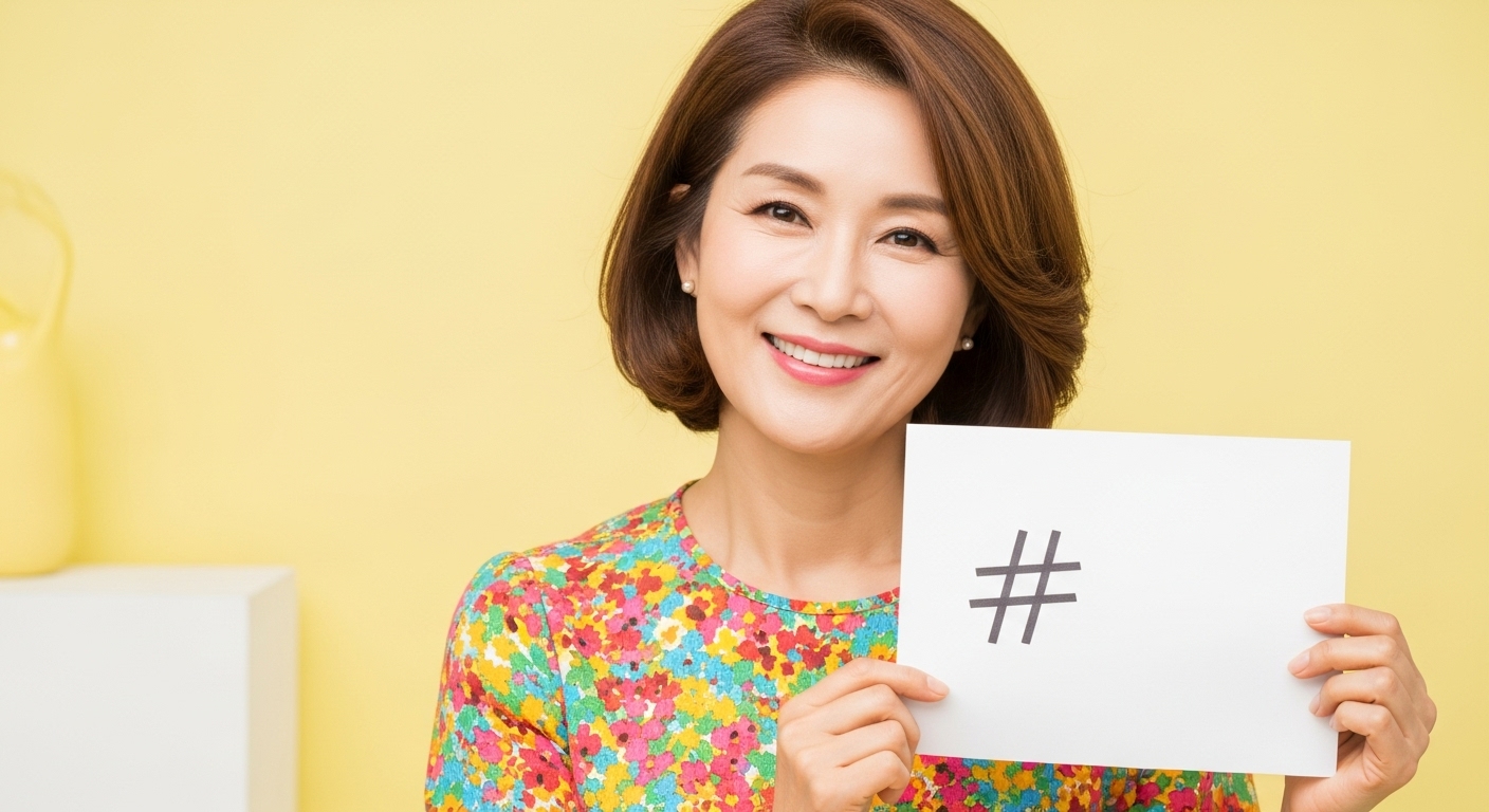 50대 여성이 해시태그 종이를 들고 웃는 밝은 모습