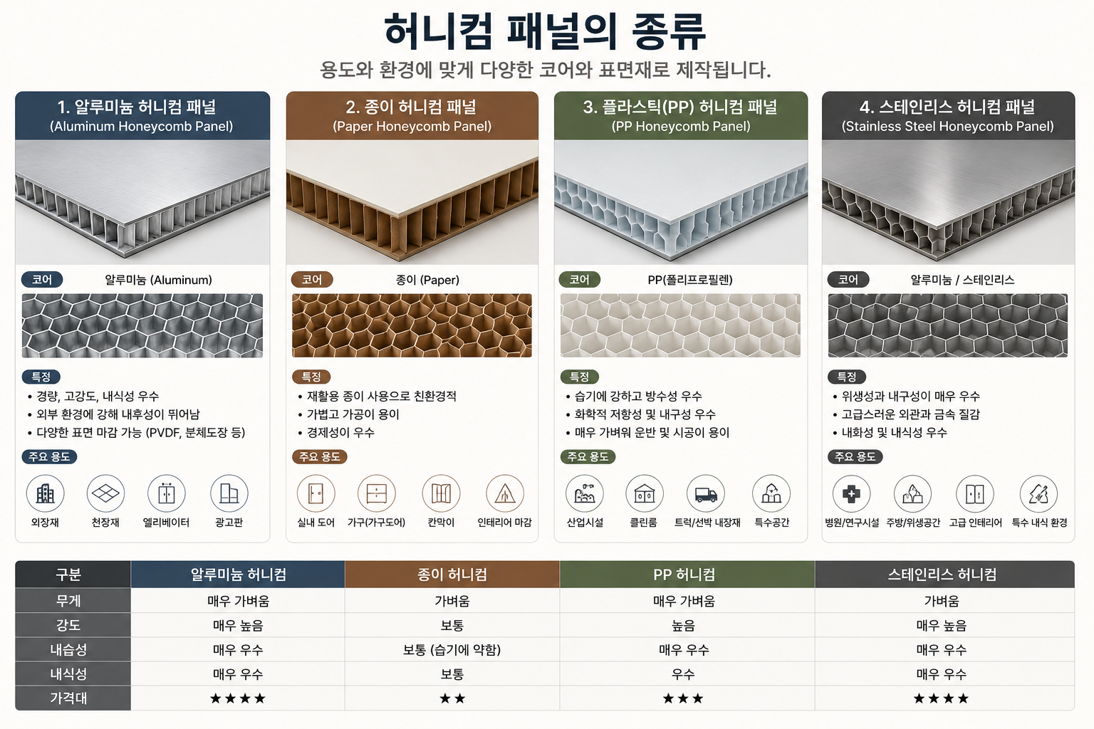 허니컴 패널의 종류