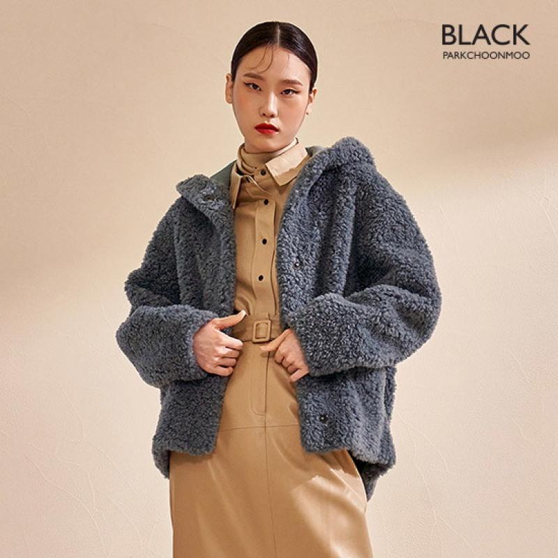 박춘무 블랙 컬링 호주 양모 후드 하프코트