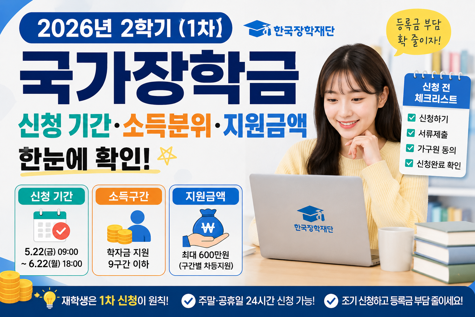 2026년 2학기 국가장학금 1차 신청 안내를 표현한 이미지로, 대학생이 노트북으로 장학금을 신청하고 신청기간, 소득구간, 지원금액, 가구원 동의 체크리스트가 함께 표시된 정보공유형 블로그 썸네일
