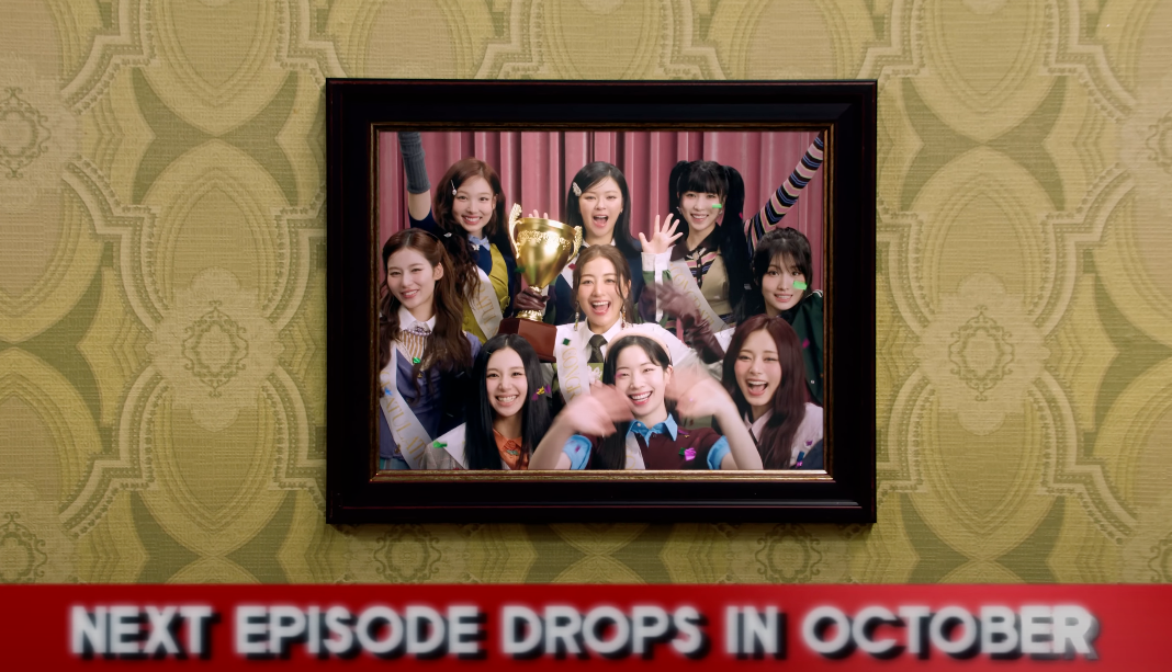 TWICE 10th anniversary special album TEN The story Goes On promotional cover featuring nine member silhouettes and golden number 10