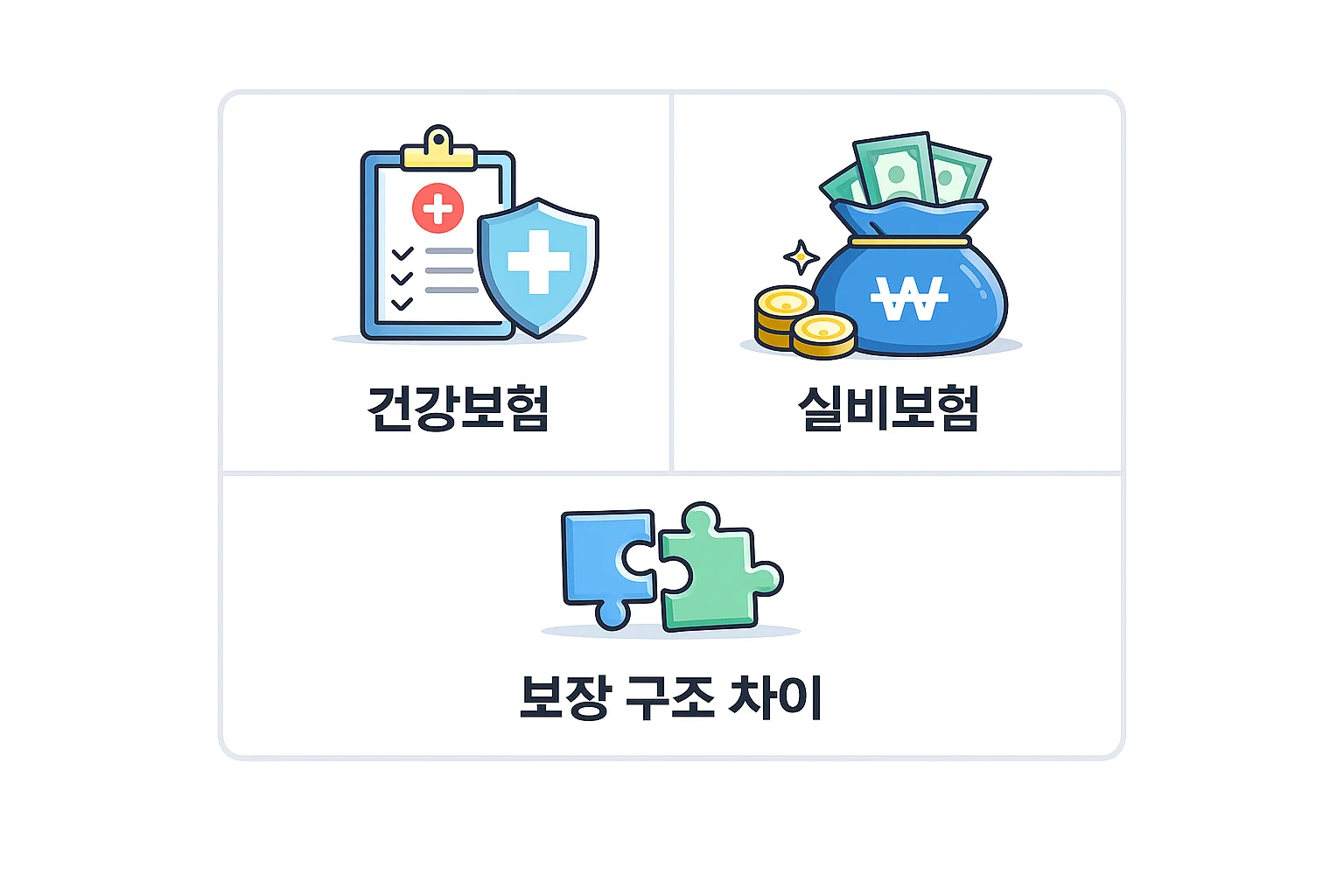 실비보험 건강보험 비교에서 보장 범위와 역할 분담 구조가 어떻게 다른지 퍼즐형 구성으로 이해하기 쉽게 설명한 이미지입니다