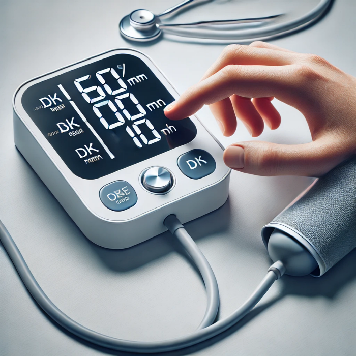 높은 혈압 수치(160/100 mmHg)를 표시한 디지털 혈압계, 사용 준비 중인 손이 보이는 장면.