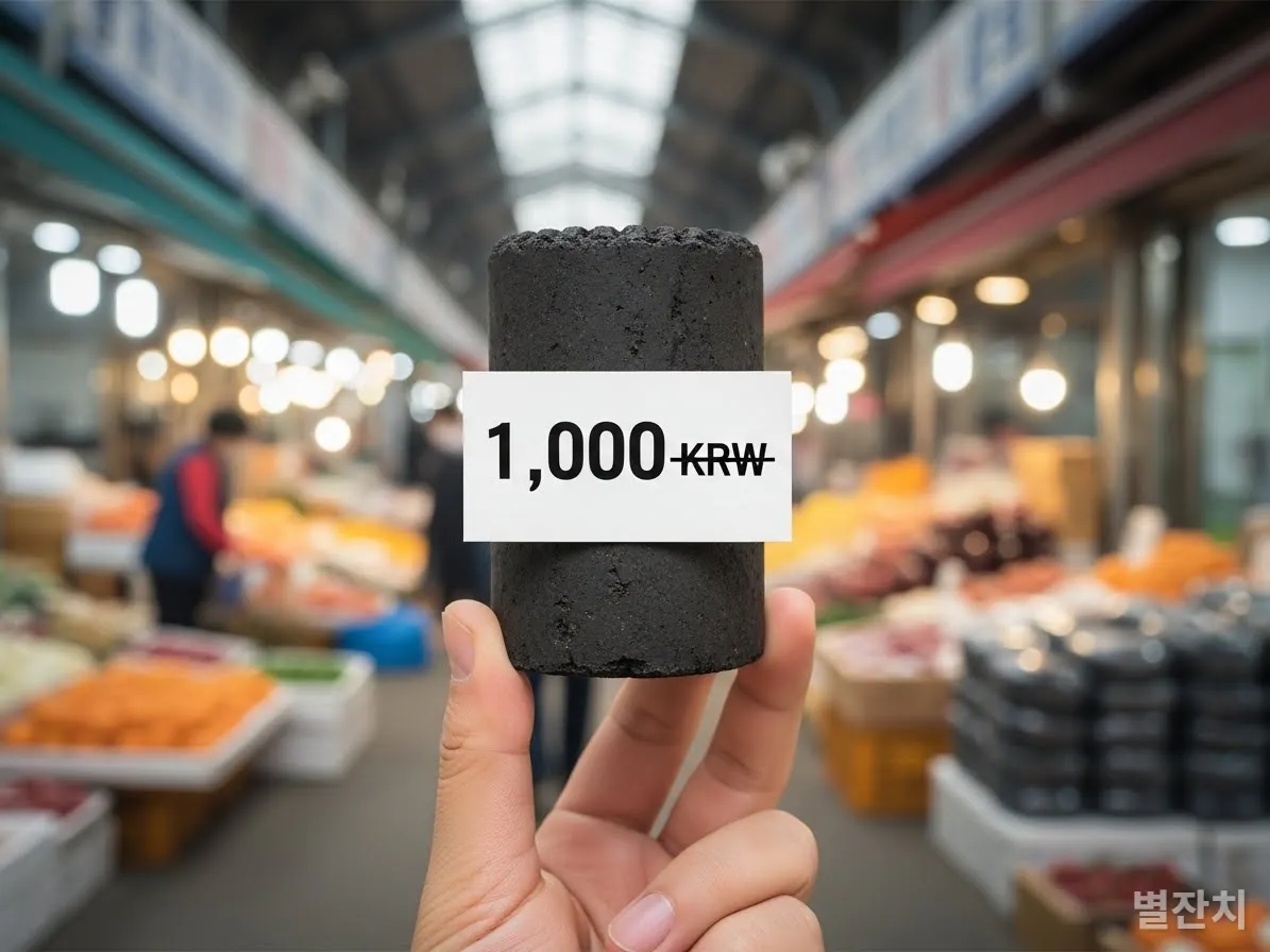 2026년 연탄 가격 상승을 보여주는 이미지, 연탄 한 장을 들고 있는 손