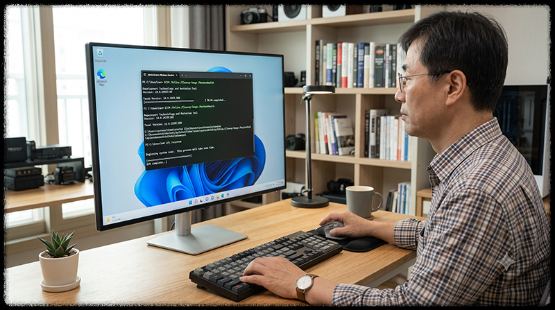 Windows 11 관리자 터미널에서 DISM과 SFC를 실행해 알림 센터 관련 시스템 오류를 복구하는 모습