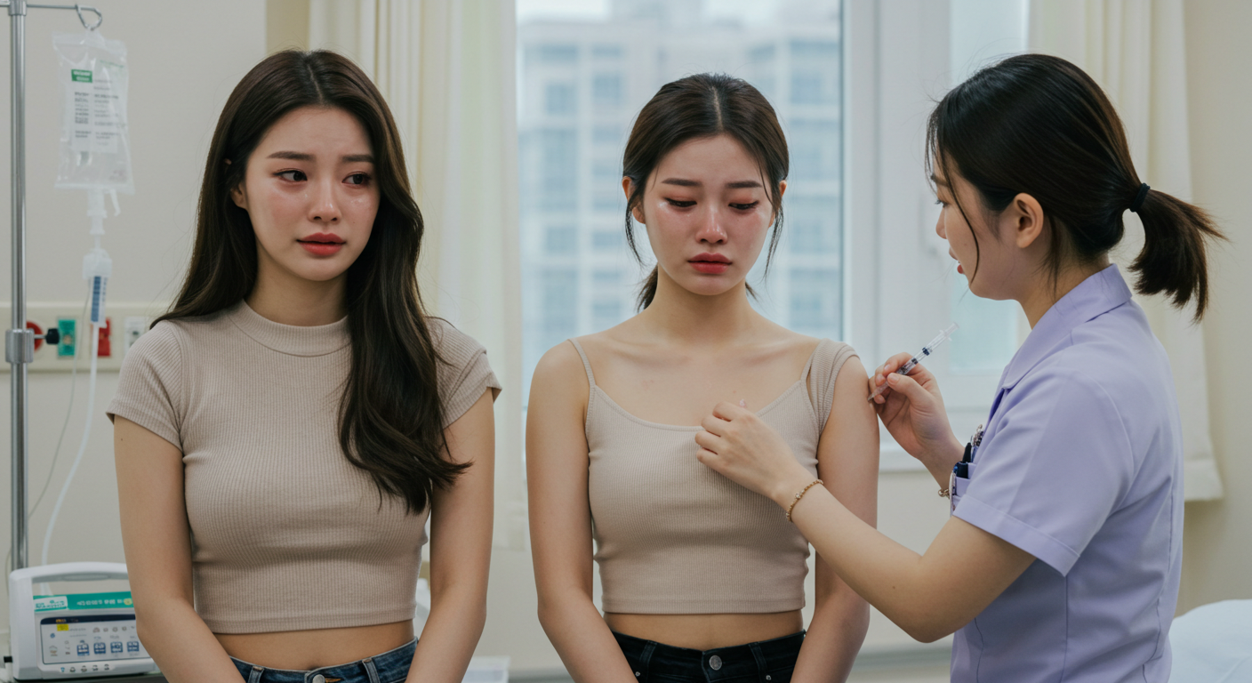 팔에 주사를 맞는 여성과 기다리는 여성