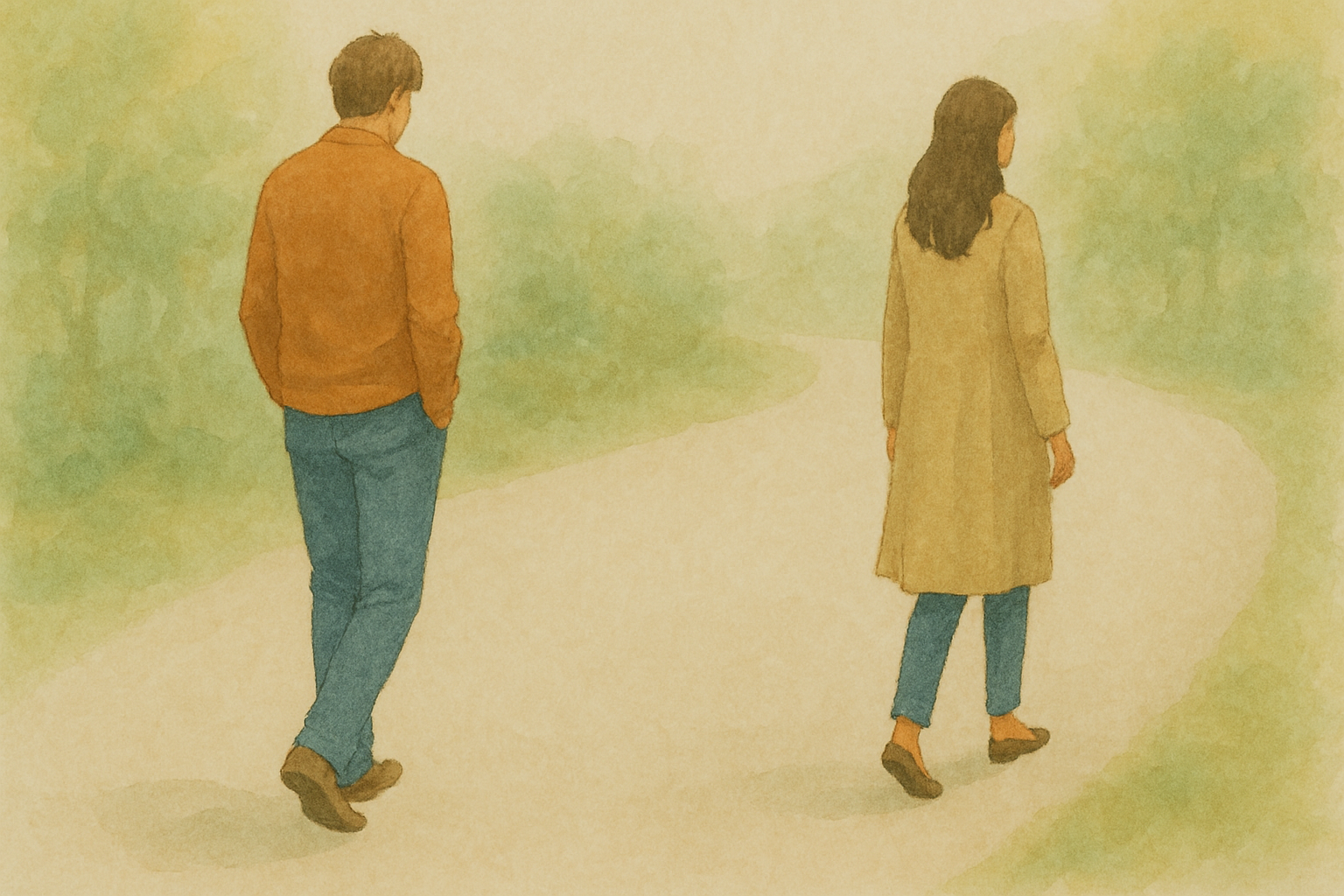 길을 따라 떨어져 걷는 두 사람