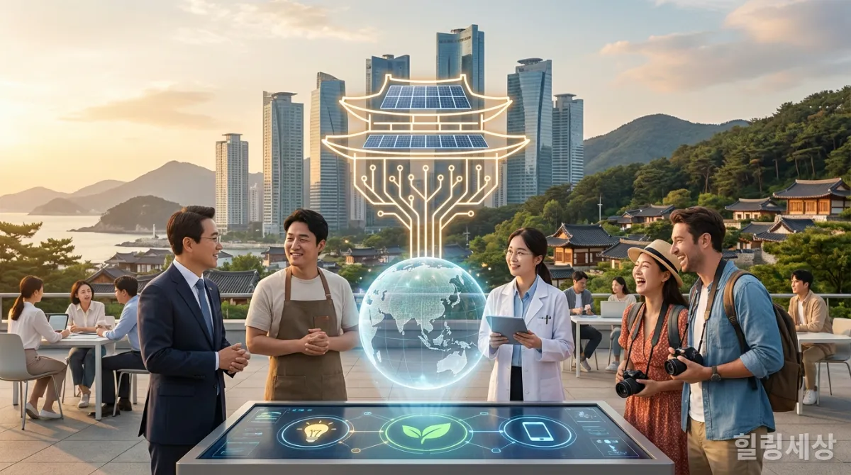 웰니스 관광 클러스터 성공을 위한 민관학 협력 및 혁신 요소를 나타내는 개념 이미지
