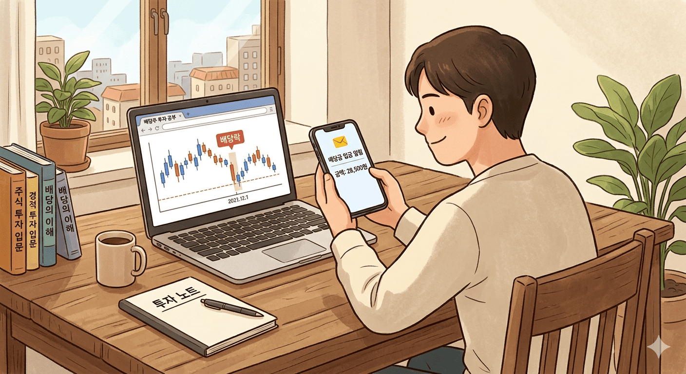 스마트폰으로 배당금 입금 알림을 확인하는 순간, 배당락이 발생하는 모습 (AI 생성)