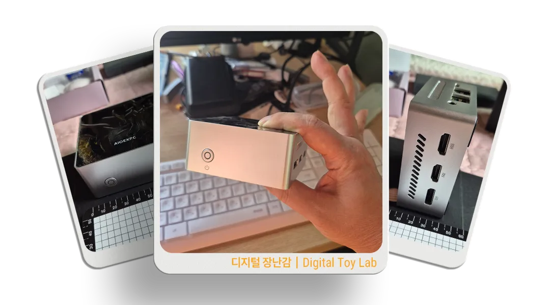 손에 든 X MINI N100 미니PC와 실제 크기, 측면 포트를 함께 확인하는 이미지