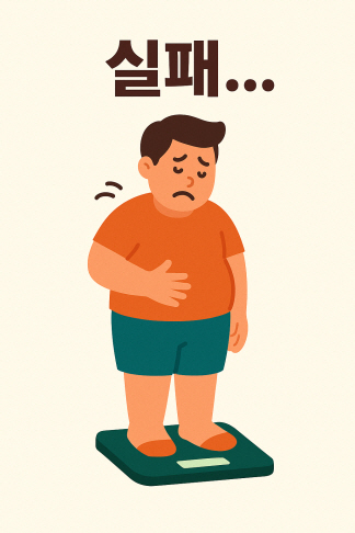 "다이어트 실패로 체중계 위에서 실망한 표정의 남성 &ndash; 운동과 식단 실패의 감정을 표현한 일러스트 이미지"
