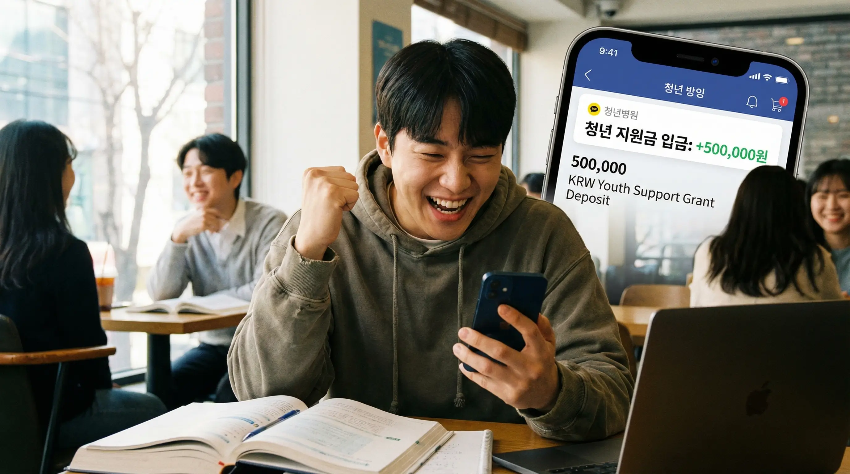 카페에서 스마트폰으로 청년 지원금 입금 내역 50만원을 확인하고 기뻐하는 취업 준비생의 모습