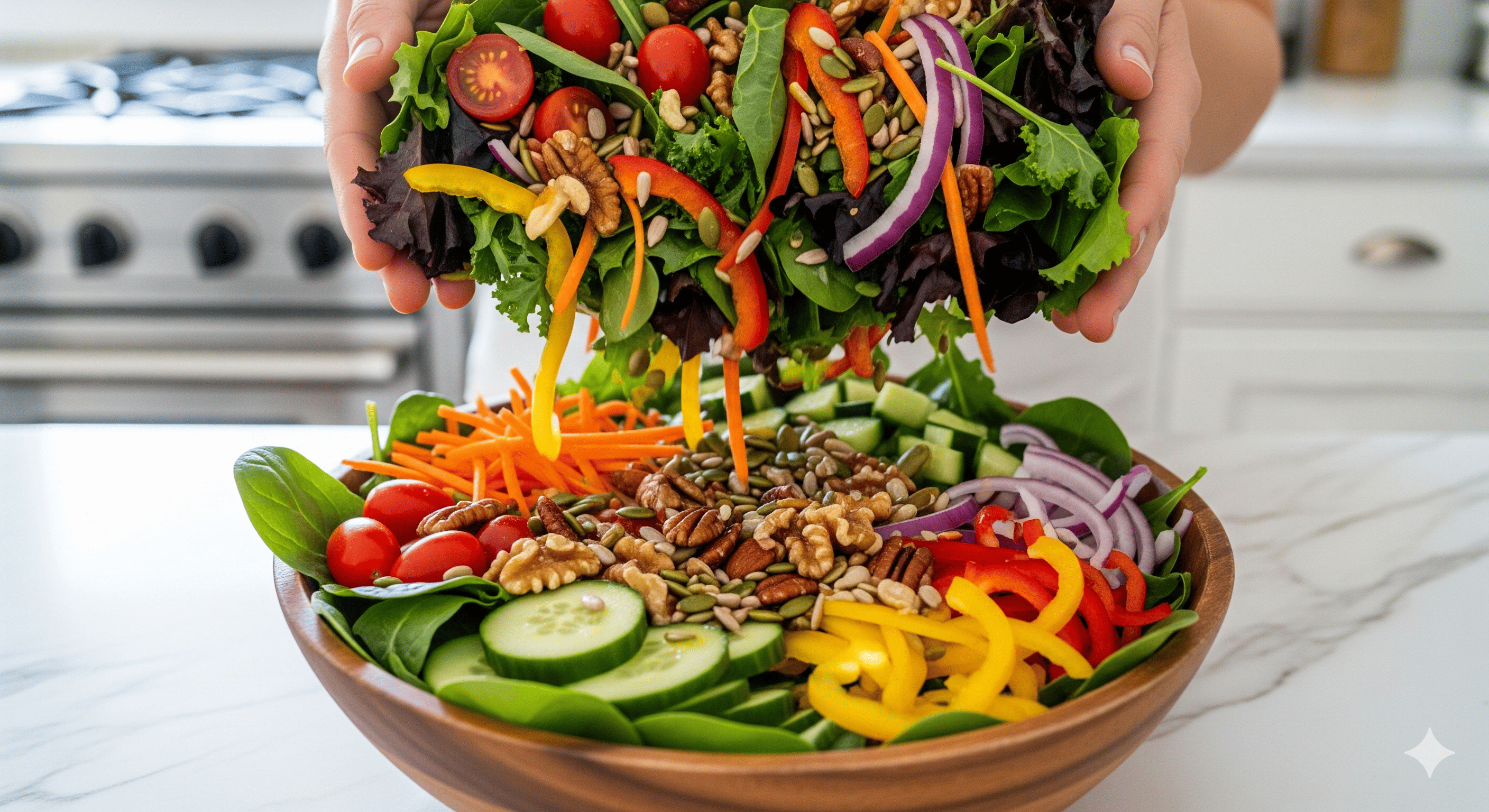 신선한 채소와 견과류가 들어간 건강한 샐러드.