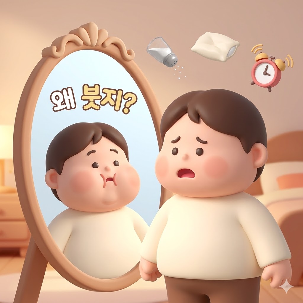 아침에 거울을 보며 퉁퉁 부은 얼굴을 보며 '왜 붓지?'라고 생각하는 귀여운 3D 카툰 캐릭터