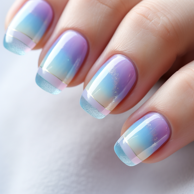 연보라, 하늘색, 연노랑, 펄 디자인이 섞인 프렌치 그라데이션 네일아트