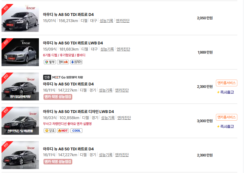 아우디 A8 중고차 가격 시세표 고속 시내 연비