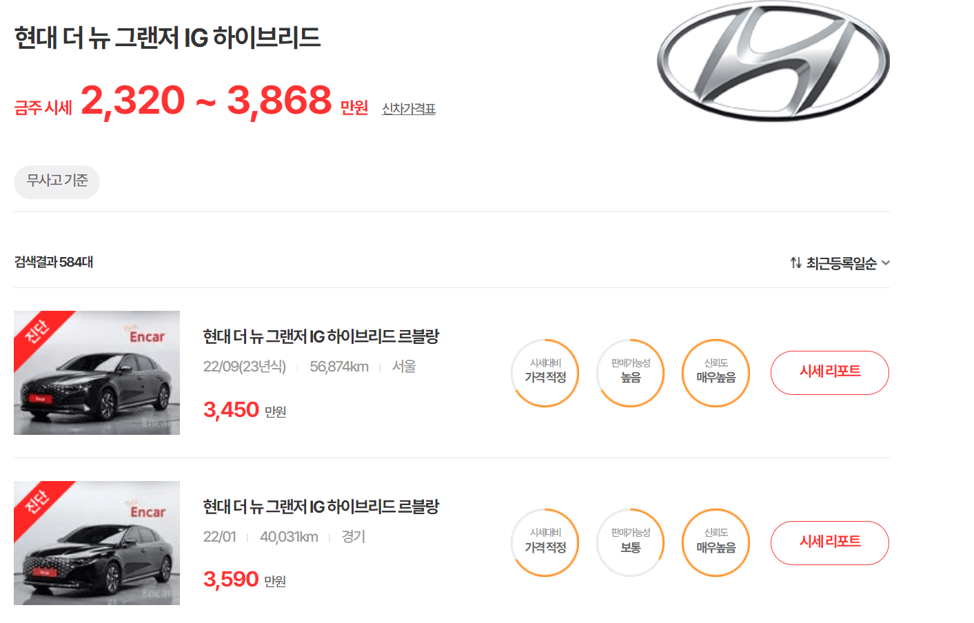 더 뉴 그랜저 IG-하이브리드-중고차-가격 