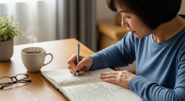 【IMG13 — 역류성 식도염 음식 일기를 쓰며 식단을 관리하는 50대 한국인 이미지】