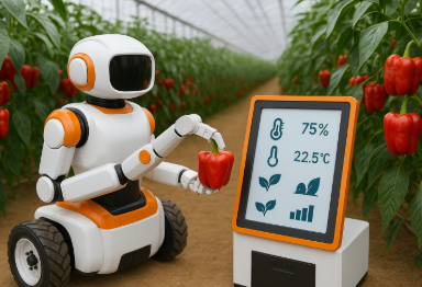 온실 내부에서 파프리카를 수확하는 농업 로봇과 제어 패널 화면