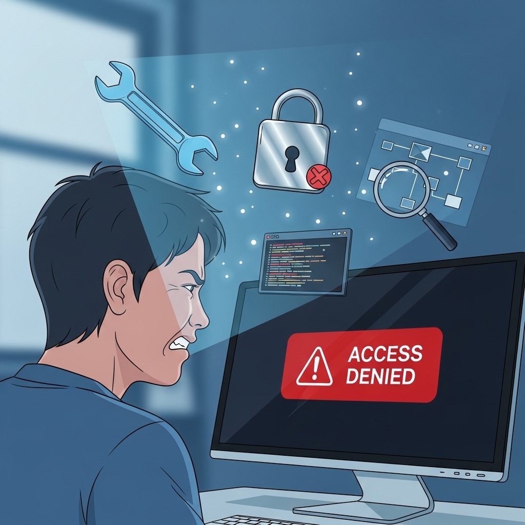 '액세스가 거부되었습니다' 오류 메시지가 뜬 컴퓨터 화면을 보며 고민하는 사람과 그 주위를 맴도는 해결책을 상징하는 아이콘들. 문제 해결의 과정을 시각적으로 보여줍니다.