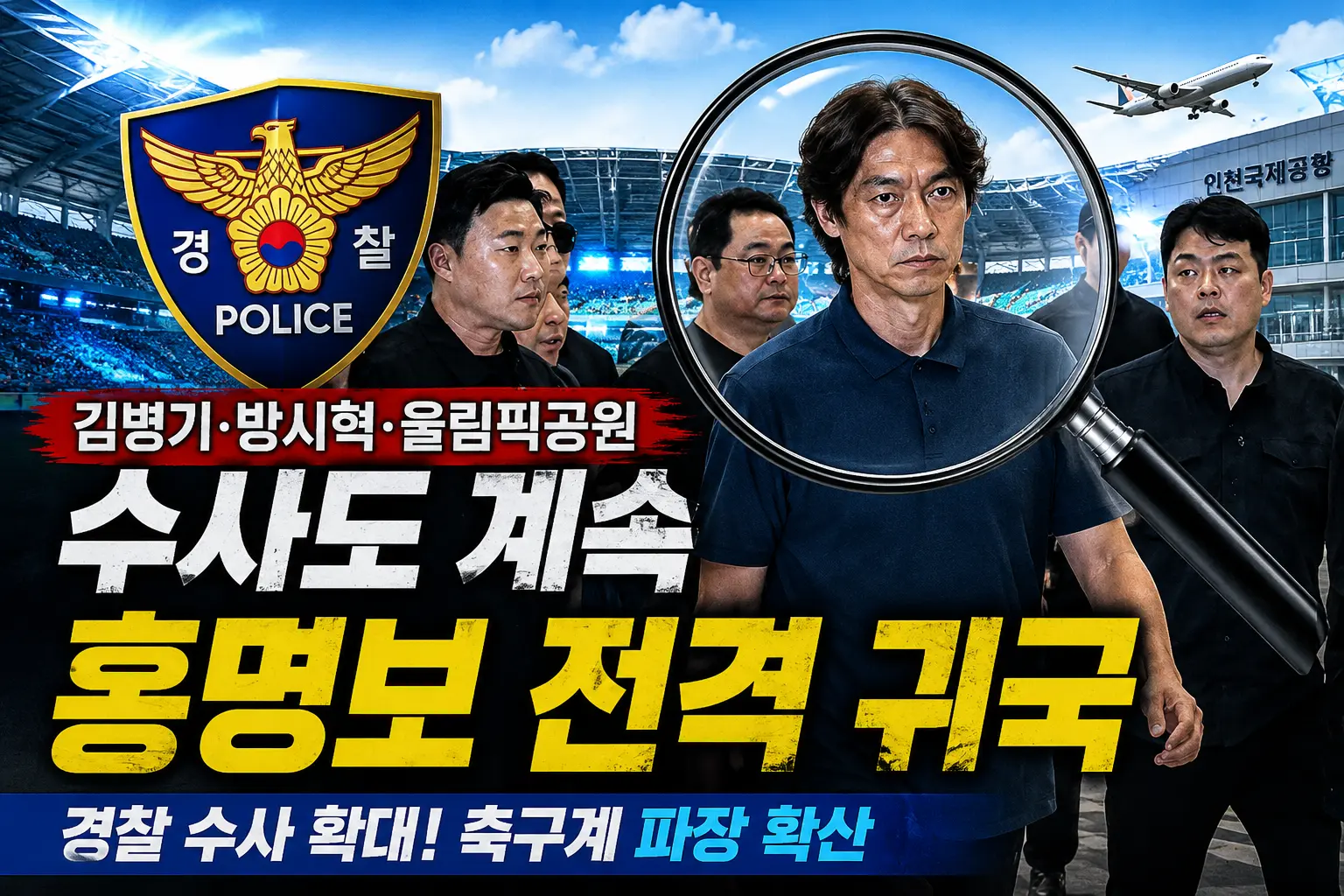 경찰청 브리핑룸, 마이크 앞에 선 수사 관계자 실루엣, 다큐멘터리 사진 스타일
